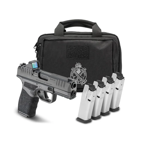 Springfield, Hellcat Pro, Striker Fired, Semi-automatic, Polymer Frame Pistol, 9MM, 3.7" Hammer Forged Barrel, Melonite Finish, Black Polymer Frame, Textured Grip, Front White Dot Sight, Tactical Rack