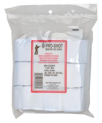 Pro Shot Cotton Flannel Patches 7mm-.38/6mm Benchrest 1.75 Inch Square 500 Per Bag - 709779500079