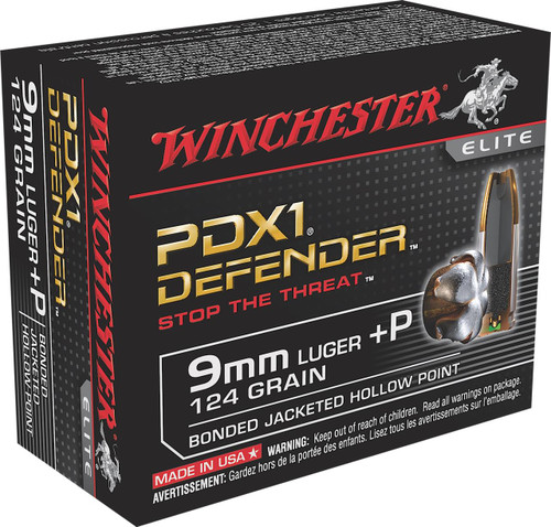 Winchester Ammo S9MMPDB PDX1 Defender  9mm Luger +P 124 gr Bonded Jacket Hollow Point 20 Bx/10 Cs - 020892217812