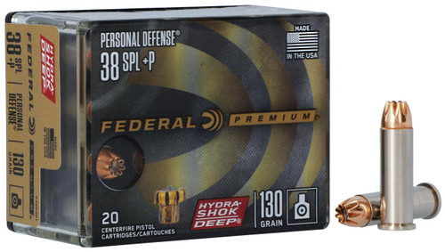 Federal P38HSD1 Premium Personal Defense 38 Special +P 130 gr Hydra-Shok Deep Hollow Point 20 Per Box/10 Cs - 604544672794