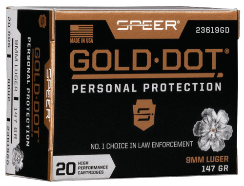 Speer 23619GD Gold Dot Personal Protection 9mm Luger 147 gr Hollow Point 20 Per Box 10 Cs - 604544647242