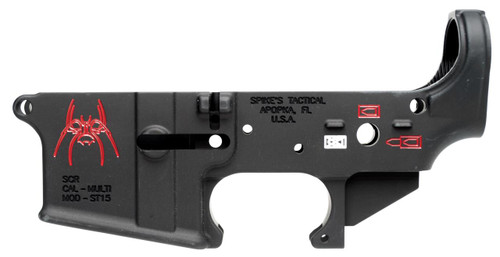 Spikes STLS019CFA Spider Stripped Lower Receiver Multi-Caliber 7075-T6 Aluminum Black Anodized with Color Fill for AR-15 - 815648021771