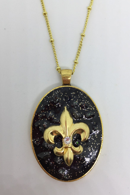 Brenda Wolfe Jewelry, Black & Gold, Rhonda Fleur de' Lis 
 1-1/2" Oval Pendant on 26" gold plated chain