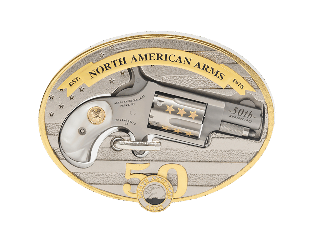 North American Arms Mini Revolver, 50th Anniversary Belt Buckle 22 LR,  1.125