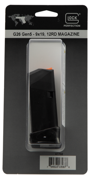 Glock OEM Magazine 9mm, Fits Glock 26, Orange Follower, Black, 12rd