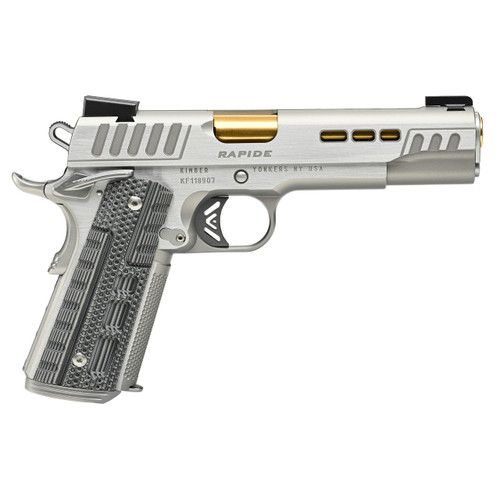Kimber Rapide Dawn *CA/MA Compliant 9mm 9+1 5" Gold TiN SS Barrel, Lightening Cut Slide, SS Frame w/Beavertail, Black & Gray G10 Grip