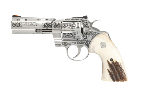Colt Python 357 Magnum/38 Special, 4" Barrel, Engraved Frame/Cylinder, Stag Grips, 6rd