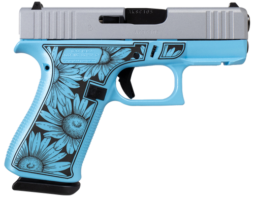 Glock 43X FR Miss Daisy 9mm, 3.41" GMB Barrel, Serrated Slide, Blue Cerakote, Black Daisy Engraved Grip, Rail, 10rd