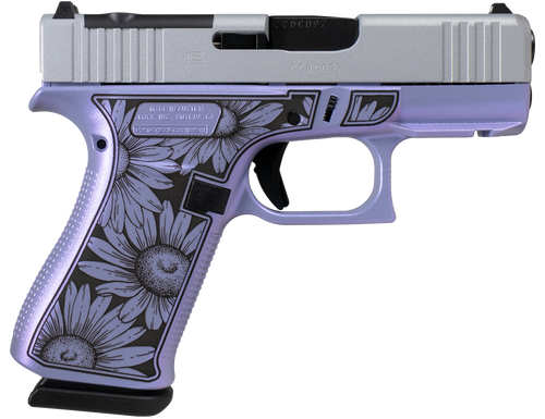 Glock 43x 9mm, 3.41" Barrel, Black Daisy Engraving, Purple Cerakote, 10rd