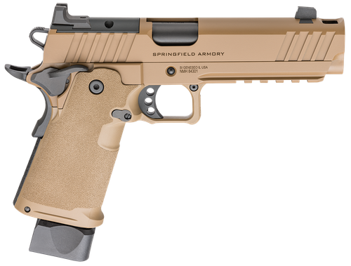 Springfield Prodigy Comp 9mm, 5" SS Bull Barrel, Carbon Steel Frame, Cerakote Coyote Brown, Tritium Front and Back, Optics Ready, Ambi Safety, 17rd, 20rd Mags