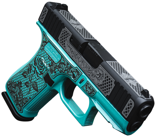 Glock 43X 9mm 10rd, 3.41" Black GMB Barrel Black White Scroll Cerakote Serrated Steel Slide, Tiffany Blue Lace Rose Cerakote Polymer & Grip
