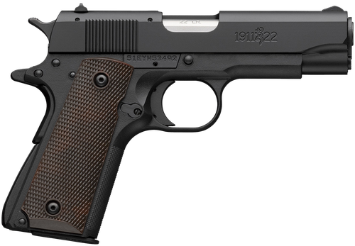 Browning 1911-22 A1 Compact Frame 22 LR 10rd,3.63" Stainless Steel Barrel, Matte Black Serrated Slide, Matte Black Aluminum Frame, Brown Composite Grip