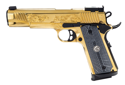 Girsan 1911 Gold 38 Super, 5" Barrel, PVD, Gold Engraved Slide-Frame, Engraved Pearl Grips, Leather Travel Case, 9rd