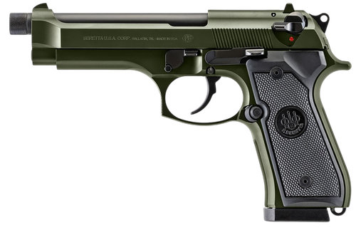 Beretta 92FS 9mm, 18rd,5.10" Black Threaded Barrel, Olive Drab Green Cerakote Serrated Slide, Olive Drab Green Cerakote Aluminum Frame Beavertail, Black Textured Grip