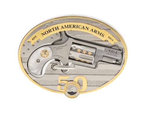 North American Arms Mini Revolver, 50th Anniversary Belt Buckle 22 LR, 1.125" Barrel, Matte Stainless, Silver and Gold, Wood Grips, 5rd, Includes Oval Ornate Belt Buckle