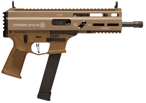 Grand Power Stribog SP9A3G 9mm, 8" Threaded Barrel, Non-Reciprocating Charging Handle, M-Lok Rail, Takes Glock mags, Flat Dark Earth, 33rd, 3 mags, Plastic Hard Case