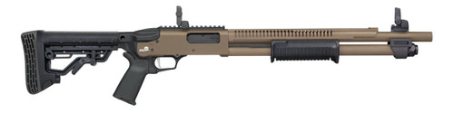 Mossberg 590R 12 Ga Pump 3" 6rd,18.50" Flat Dark Earth Cerakote Heat Shield Barrel, Flat Dark Earth Cerakote Steel Receiver, Black AR Mil-Spec Adjustable Synthetic Stock, Black Magpul Grip