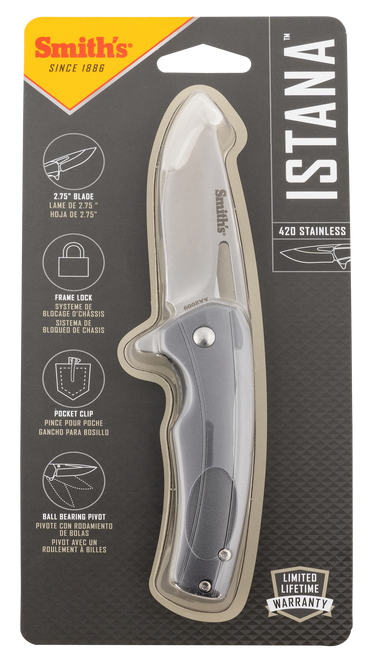 Smiths Products Istana 2.75" Folding Drop Point Plain Satin 400 SS Blade/Gray Anodized Aluminum Handle Includes Pocket Clip