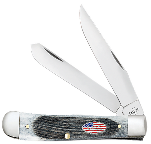 Case Stockman Stars & Stripes Medium 2.57"/1.88"/1.71" Folding Clip Point/Pen/Sheepsfoot Plain Mirror Polished Tru-Sharp SS Blade, Sawcut Jig Gray Bone Handle, American Flag Shield