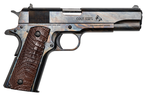 Cnc Firearms Colt Government Lineage 45 ACP 7rd 5" Stainless Match Grade Barrel, Color Case Hardened Stainless Steel Serrated Slide & Frame, Chocolate Alligator Grip