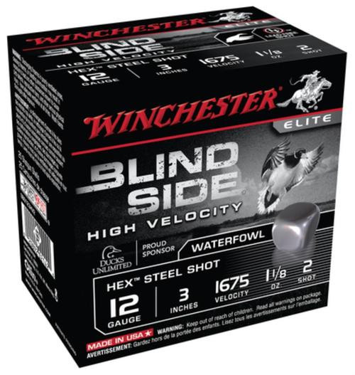 Winchester Blind Side Steel Hex High Velocity Waterfowl 12 Ga, 3", 1675 FPS, 1.125oz, 2 Shot, 25rd/Box