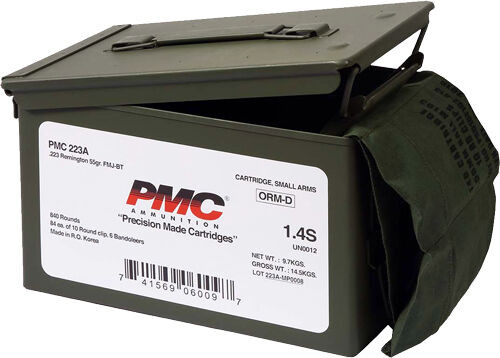 PMC 223 Remington 55gr, FMJ BRASS, 840rd/Can On Stripper Clips, Includes Ammo Can Bandoleer.