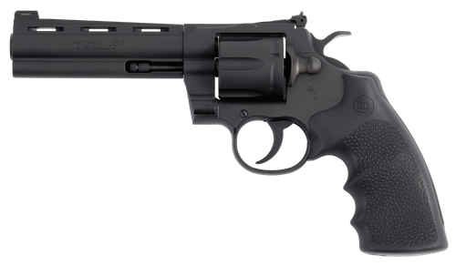 Colt Python 357 Mag/38 Special 6 Shot 5" Barrel, Matte Blued Vent Rib Carbon Steel Cylinder & Frame, Black Rubber Grip, Exposed Hammer