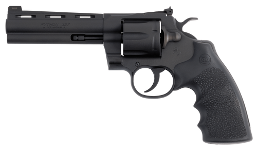 Colt Python 357 Mag/38 Special 6 Shot 5" Barrel, Matte Blued Vent Rib Carbon Steel Cylinder & Frame, Black Rubber Grip, Exposed Hammer
