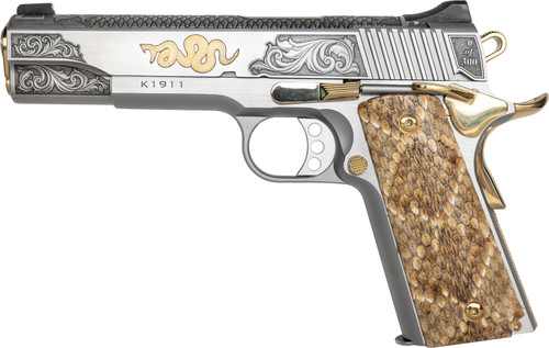 Kimber/CNC 1911 Rattler Sports South Exclusive 45 ACP Stainless Barrel, Stainless Gold Plating Steel Engraved/Serrated Slide & Frame Beavertail, Genuine Snakeskin Grip