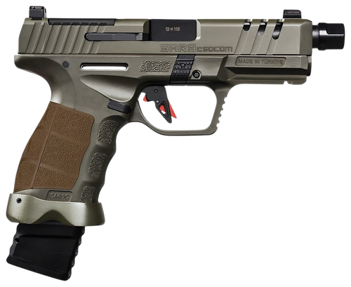 Sarsilmaz SAR9 SOCOM 9mm 5.20" Threaded Barrel, Special Forces Green Steel Optic Ready/Ported/Serrated Slide, Frame w/Picatinny Rail, RMSc Footprint, 15 Rd