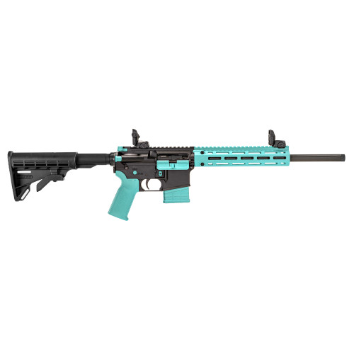 Tippmann Arms Company M4-22 LTE Accent 22 LR, 16" Threaded Barrel, Matte Black, Robins Egg Blue Accents, Composite Free Float Handguard, Front/Rear Flip Sights, M4 Collapsible S