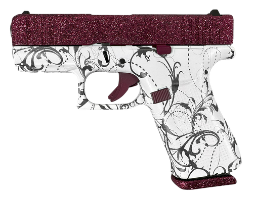 Glock 43X Slim Sub-Compact 9mm 10+1 3.41" Barrel, Black Cherry Glitter Cerakote Steel Serrated Slide, Black & White Paisley Polymer Frame w/Picatinny Rail, Textured Polymer Grip, Ambi