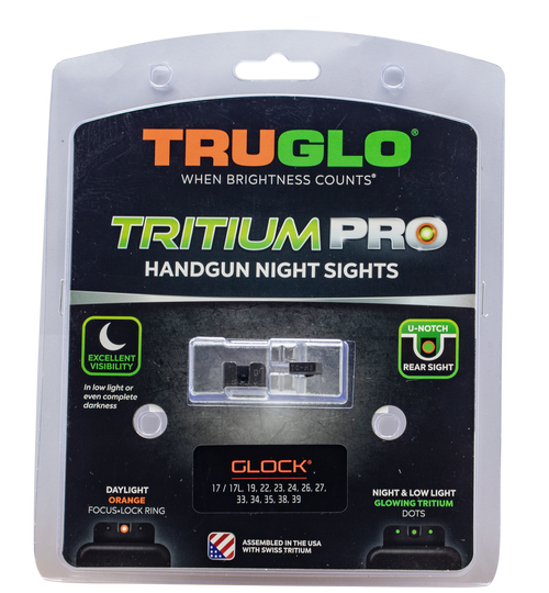 Truglo, Tritium Pro Brite Site Day/Night Sight Set For Glock 20/21/25/29/30/31/32/37/40/41, Front Sight Color Green  Orange Focus Lock Ring, Rear Sight Green, Glows In The Dark No Batteries Or Light Exposure Required