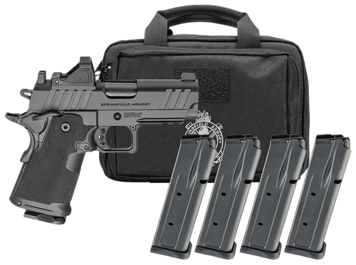 Springfield 1911 DS Prodigy, 9MM 3.5" Barrel, Cerakote Black, Night Sight, Viridian Green Dot, 4 x15rd Mags, Range Bag