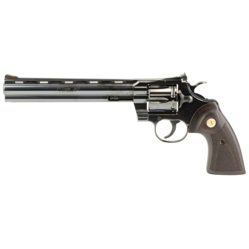 Colt Python Revolver, Double Action, 357 Magnum/38 Spl, 8" Barrel, Blued, Blade Front/Adjustable Rear Sight, Wood Grips, 6rd