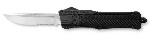 CobraTec Knives CTK-1 Large 3.75" OTF Drop Point Part Serrated D2 Steel Blade/ Black Aluminum Handle Features Glass Breaker Includes Pocket Clip