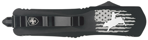 Templar Knife Gen II Eight Seconds Slim 3.43" OTF Tanto Plain Black Oxide Stonewashed 440C SS Blade, 5.05" Black US Flag, Bull Rider Aluminum Handle, Glass Breaker