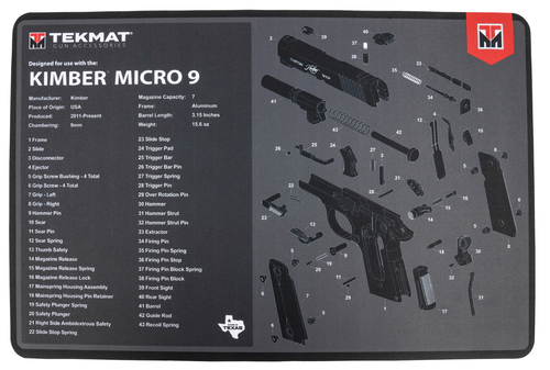 TekMat Kimber Micro 9 Cleaning Mat Black/Gray Rubber 11"x17" Kimber Micro 9 Diagram Illustration