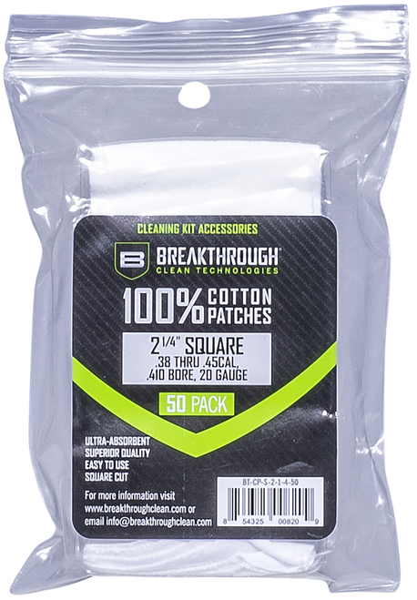 Breakthrough Clean BTCPS21/450 Square Cleaning Patches 100% Cotton 50 Pack For .38-.45 Caliber & .410-20 Gauge