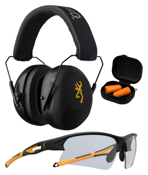 Browning Range Kit, Glasses, Foam Ear Plugs, 27/31 DB, Over the Head Muffs, Orange And Black, Adult Size