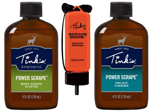 Tinks Power Scrape All-Season Kit Deer Attractant Mock Scrape Starter Scent & Pre-Rut Finisher Scent (4 oz Bottles) Includes Scrape Bomb Dripper