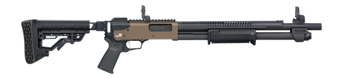 Mossberg 590R Chisel 12 Ga, 2.75", 18.5" Barrel, Cylinder Choke, Flat Dark Earth, Black Furniture, Folding Stock, Magpul Grip-MBUS, Rotary Safety, 6rd
