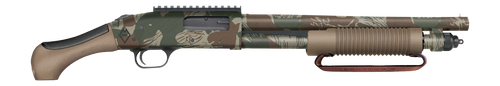 Mossberg 590 Blikesem, 12 Ga, 14.375" Barrel, Rhodesian Brushstroke Camo, FDE AfterShock Grip and Forend Strap, Picatinny Rail, 5 Rd