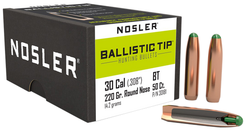 Nosler Ballistic Tip, .308 Diameter, 30 Caliber, 220gr, Spitzer Boat Tail, 50 Count -NOT AMMO-