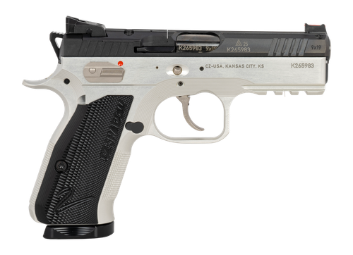 CZ Shadow 2 Comapct 9mm, 4" Barrel, Polished, Black Slide, Silver, Serrated Rear, Fiber Optic Front, Optics Ready, Manual Safety, 2x15rd Mags