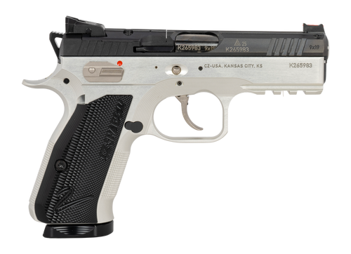 CZ Shadow 2 Comapct 9mm, 4" Barrel, Polished, Black Slide, Silver, Serrated Rear, Fiber Optic Front, Optics Ready, Manual Safety, 2x15rd Mags