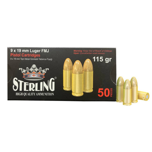 Sterling 9MM Range Ammo, Brass Case 9MM, 115 Grain, Full Metal Jacket, 50 Round Box