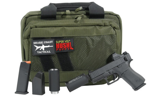 GLOCK, 43X Hush Puppy Pistol Package, 3.92" Threaded Barrel, Black Cerakote by Shark Coast Tactical, Suppressor Height Sights, Holosun 407K Red Dot, 10 Rounds, Includes Hush Puppy Can