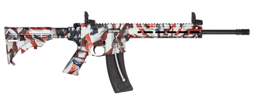 Smith & Wesson M&P15-22 Sport 22 LR, 16.5" Carbon Steel Barrel, Threaded 1/2X28, A2 Flash Suppressor, Cerakote Red, White and Blue Flag 6-Position CAR Stock, Polymer AR Grip with Flag Polymer Handgua