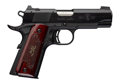 Browning 1911 Black Label Medallion Compact 22 LR 10rd,3.63" Matte Stainless Barrel, Black Anodized Aluminum Serrated Slide, Matte Black Polymer Frame Beavertail, Rosewood Gold BuckMark